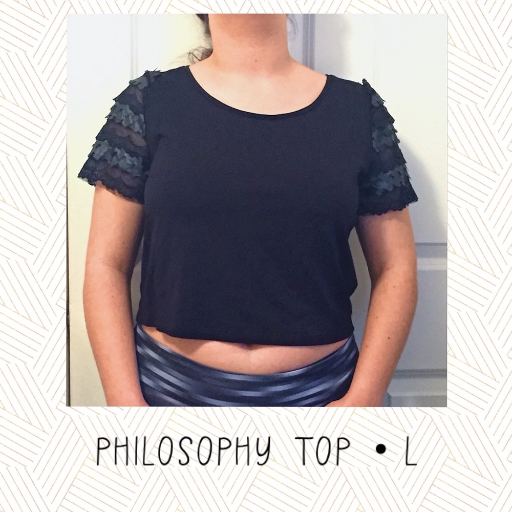 Philosophy black ruffle sleeve Crop Top size large
